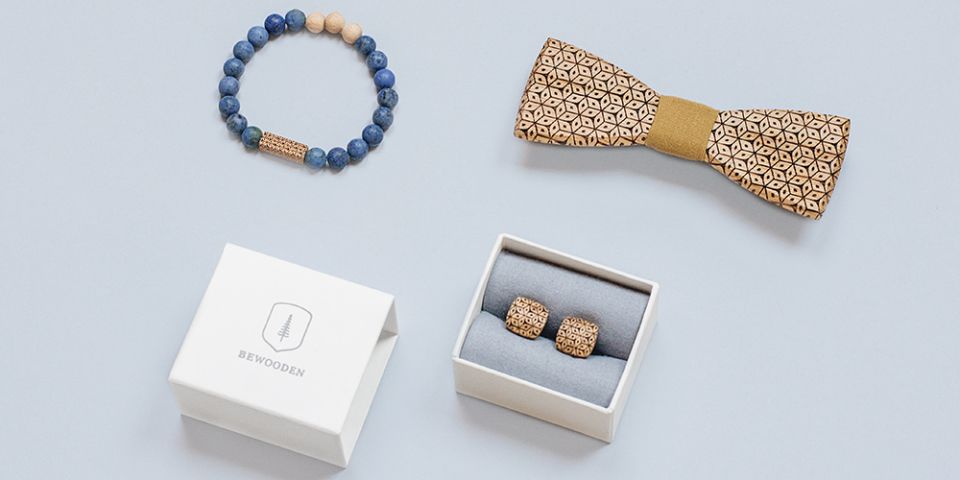 BeWooden - Holzfliege Sole, Perlenarmband Sole und Manschettenknöpfe Sole Cuff in Aufbewahrungsbox
