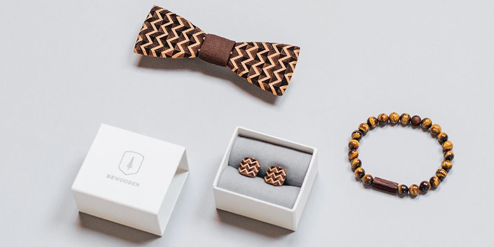 BeWooden - Holzfliege Trio, Manschettenknöpfe Trio Cuff und Perlenarmband Tigris mit Aufbewahrungsbox