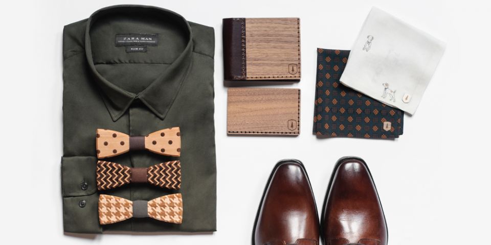 BeWooden - Collage von Produkten Doggy square Einstecktuch und holzfiegen Dolo Trio Lynx