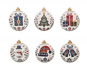 Weihnachtskugeln aus Holz mit folkloristischen Motiven – 6er-Set