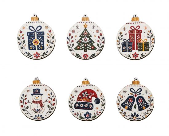 Weihnachtskugeln aus Holz mit folkloristischen Motiven – 6er-Set Weihnachtskugeln aus Holz mit folkloristischen Motiven – 6er-Set