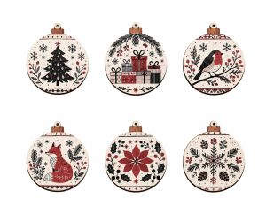 Weihnachtskugeln aus Holz mit skandinavischen Motiven – 6er-Set